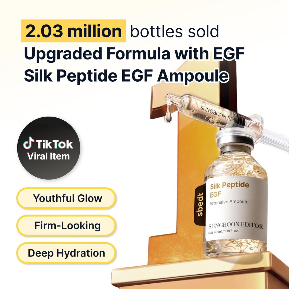 SUNGBOON EDITOR Glow Intensive Deep Collagen Silk Peptide EGF Ampoule, Copper Peptides Serum for Face with Multi Peptides, Hydrating Korean Skincare Facial Serum for Smooth-Looking Skin, 1.35 fl oz
