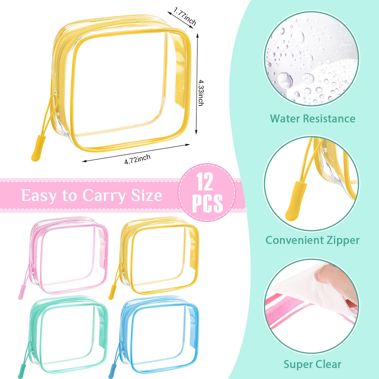 Sunnymove 12 Pcs Pastel Clear Cosmetic Makeup Bags with Zipper Tsa Approved Pouches Bulk for Travel Transparent PVC Waterproof Carry Pouches Organizer Case for Men Women