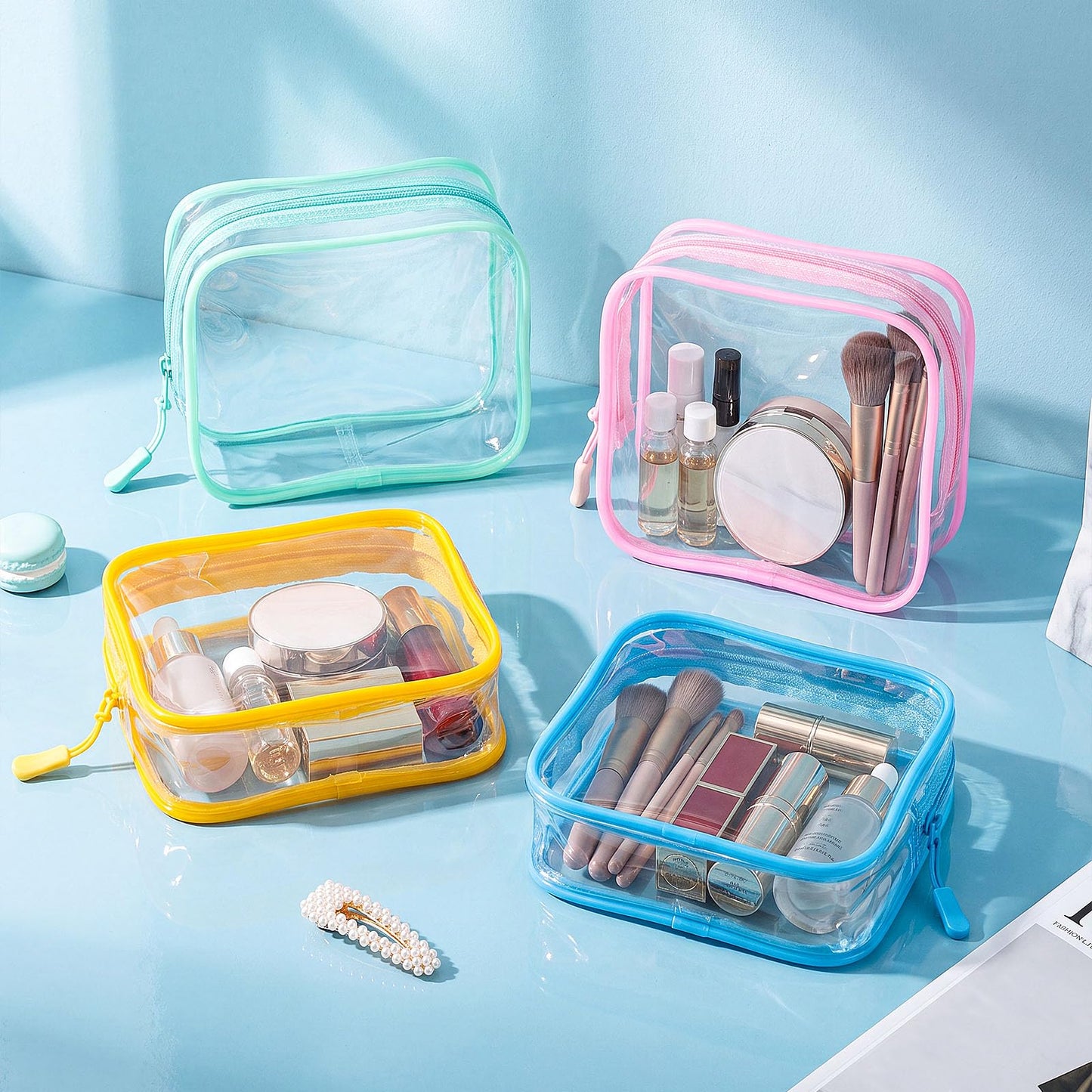 Sunnymove 12 Pcs Pastel Clear Cosmetic Makeup Bags with Zipper Tsa Approved Pouches Bulk for Travel Transparent PVC Waterproof Carry Pouches Organizer Case for Men Women