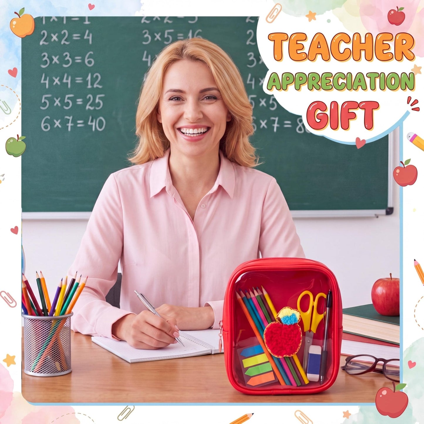 Sunnymove 6 Pcs Back to School Gifts for Teacher Mini Clear Makeup Bags with Zipper PVC Cosmetic Pouch Red Apple Makeup Bags Waterproof Pencil Pouch for Teacher Appreciation Gift
