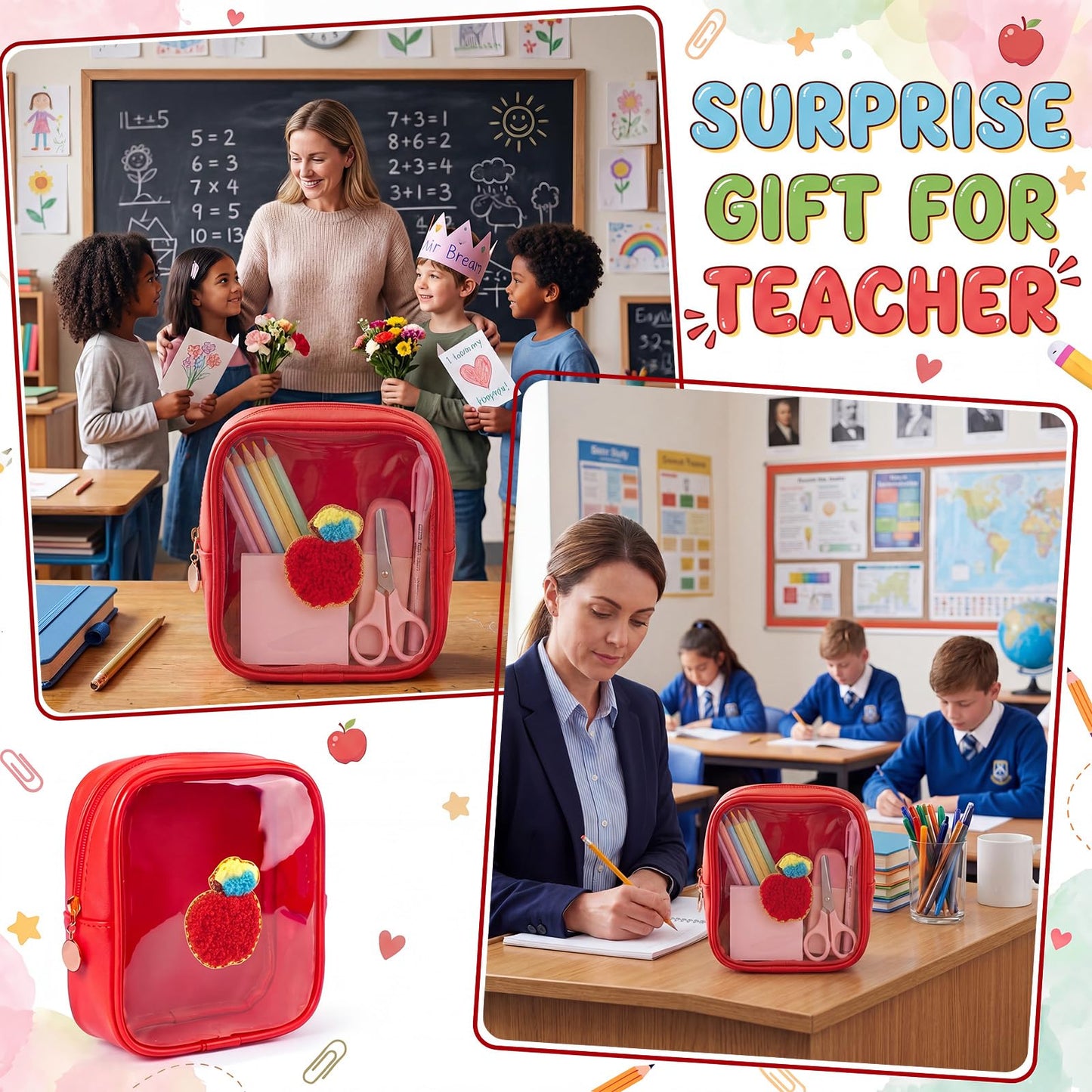 Sunnymove 6 Pcs Back to School Gifts for Teacher Mini Clear Makeup Bags with Zipper PVC Cosmetic Pouch Red Apple Makeup Bags Waterproof Pencil Pouch for Teacher Appreciation Gift