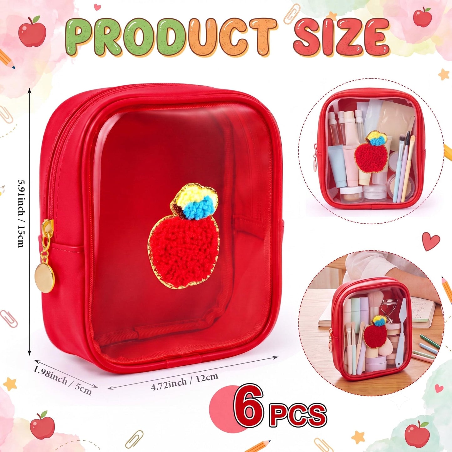 Sunnymove 6 Pcs Back to School Gifts for Teacher Mini Clear Makeup Bags with Zipper PVC Cosmetic Pouch Red Apple Makeup Bags Waterproof Pencil Pouch for Teacher Appreciation Gift