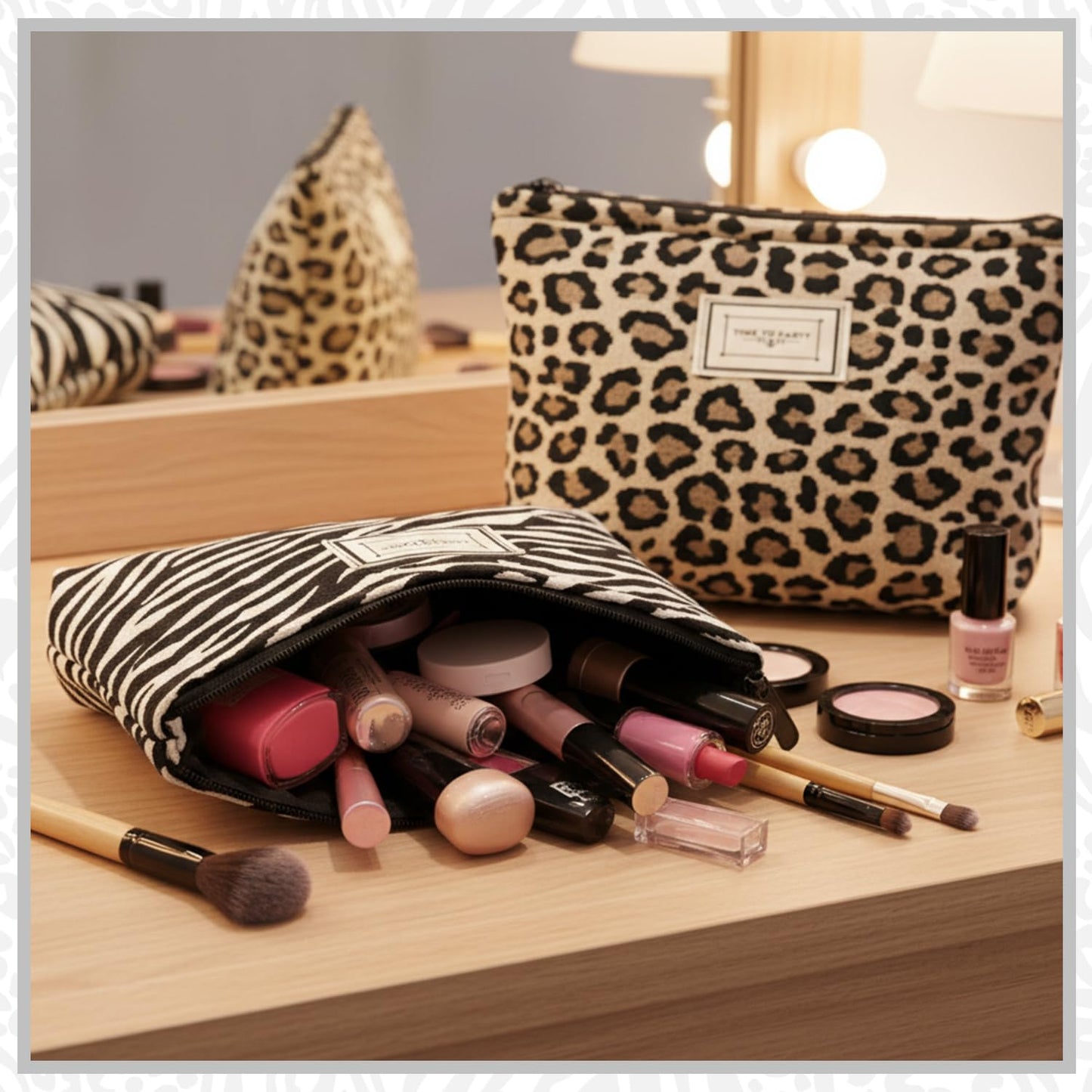 Sunolkie 2 Pack Makeup Bag for Women, Travel Cosmetic Pouch with Zebra print & Leopard print Design, Zipper Beauty Case, Toiletry Makeup Organizer for Women & Girls