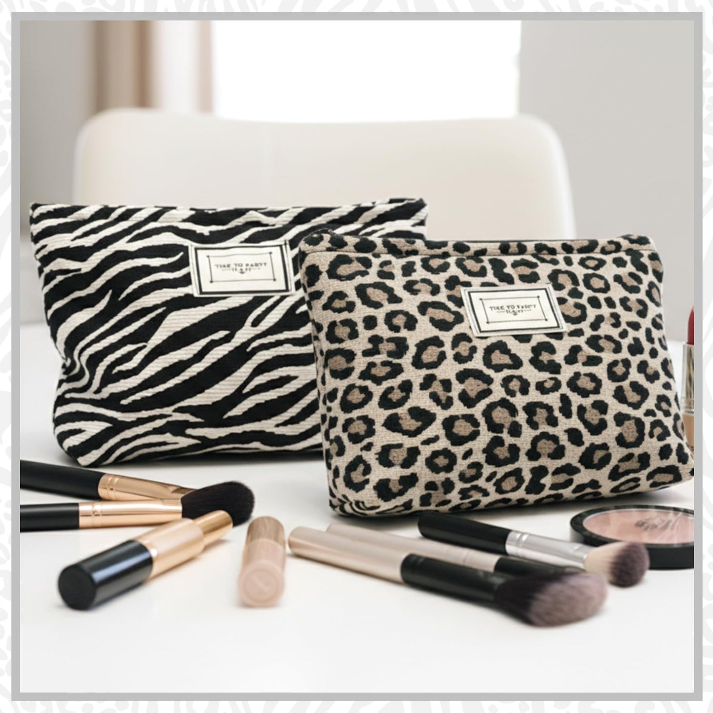 Sunolkie 2 Pack Makeup Bag for Women, Travel Cosmetic Pouch with Zebra print & Leopard print Design, Zipper Beauty Case, Toiletry Makeup Organizer for Women & Girls