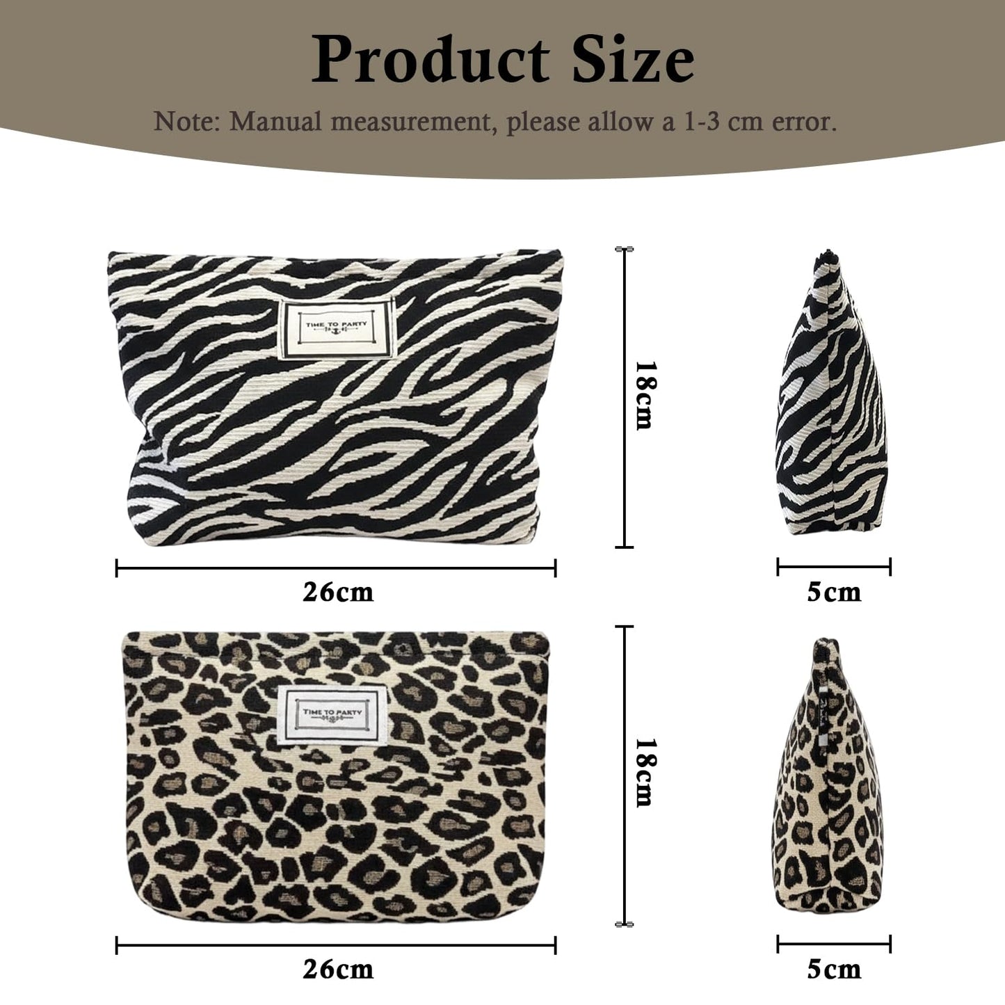 Sunolkie 2 Pack Makeup Bag for Women, Travel Cosmetic Pouch with Zebra print & Leopard print Design, Zipper Beauty Case, Toiletry Makeup Organizer for Women & Girls