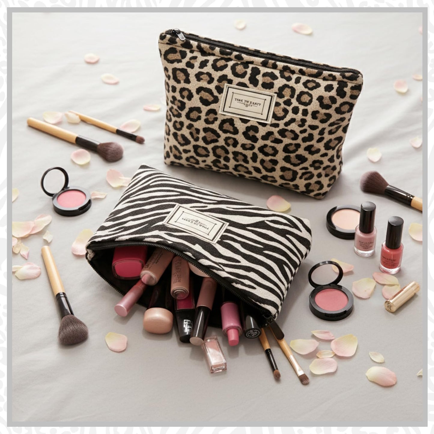 Sunolkie 2 Pack Makeup Bag for Women, Travel Cosmetic Pouch with Zebra print & Leopard print Design, Zipper Beauty Case, Toiletry Makeup Organizer for Women & Girls