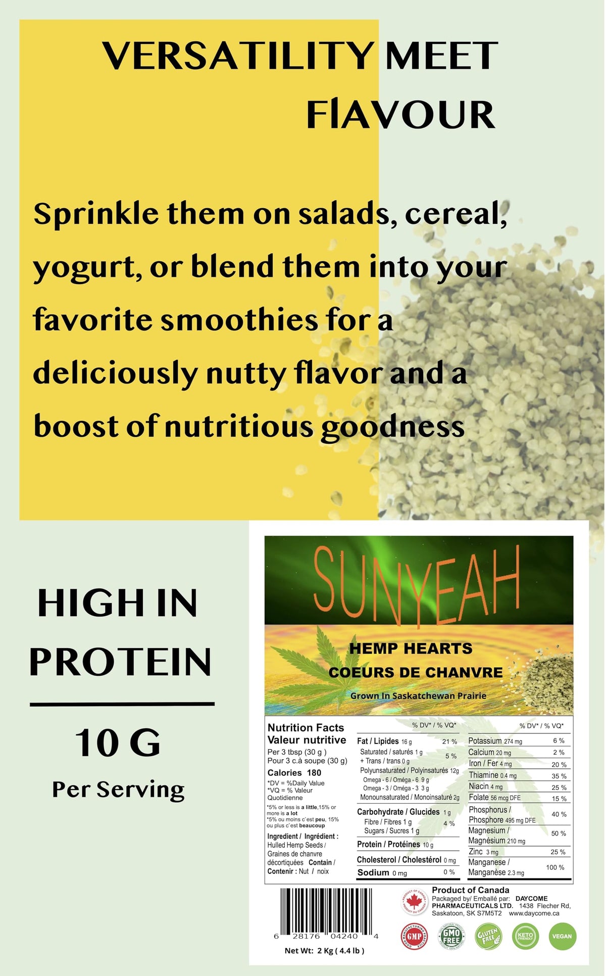 SUNYEAH Canadian Hemp Hearts – 2kg Shelled Hemp Seeds