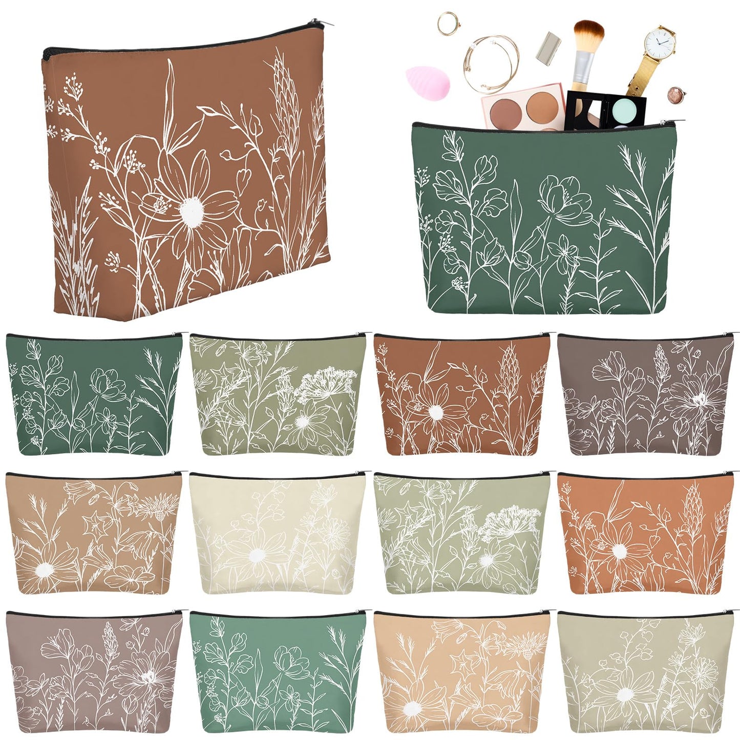 Sweetude 12 Pcs Boho Line Flowers Makeup Bags Bulk Cosmetic Pouch for Women