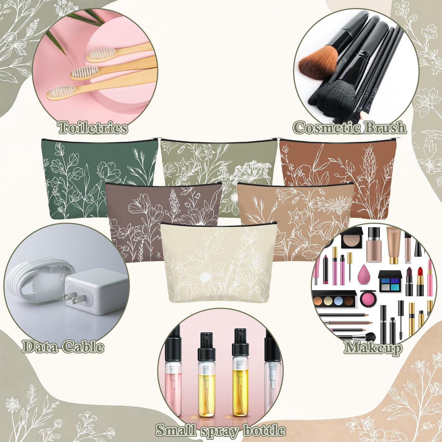 Sweetude 12 Pcs Boho Line Flowers Makeup Bags Bulk Cosmetic Pouch for Women