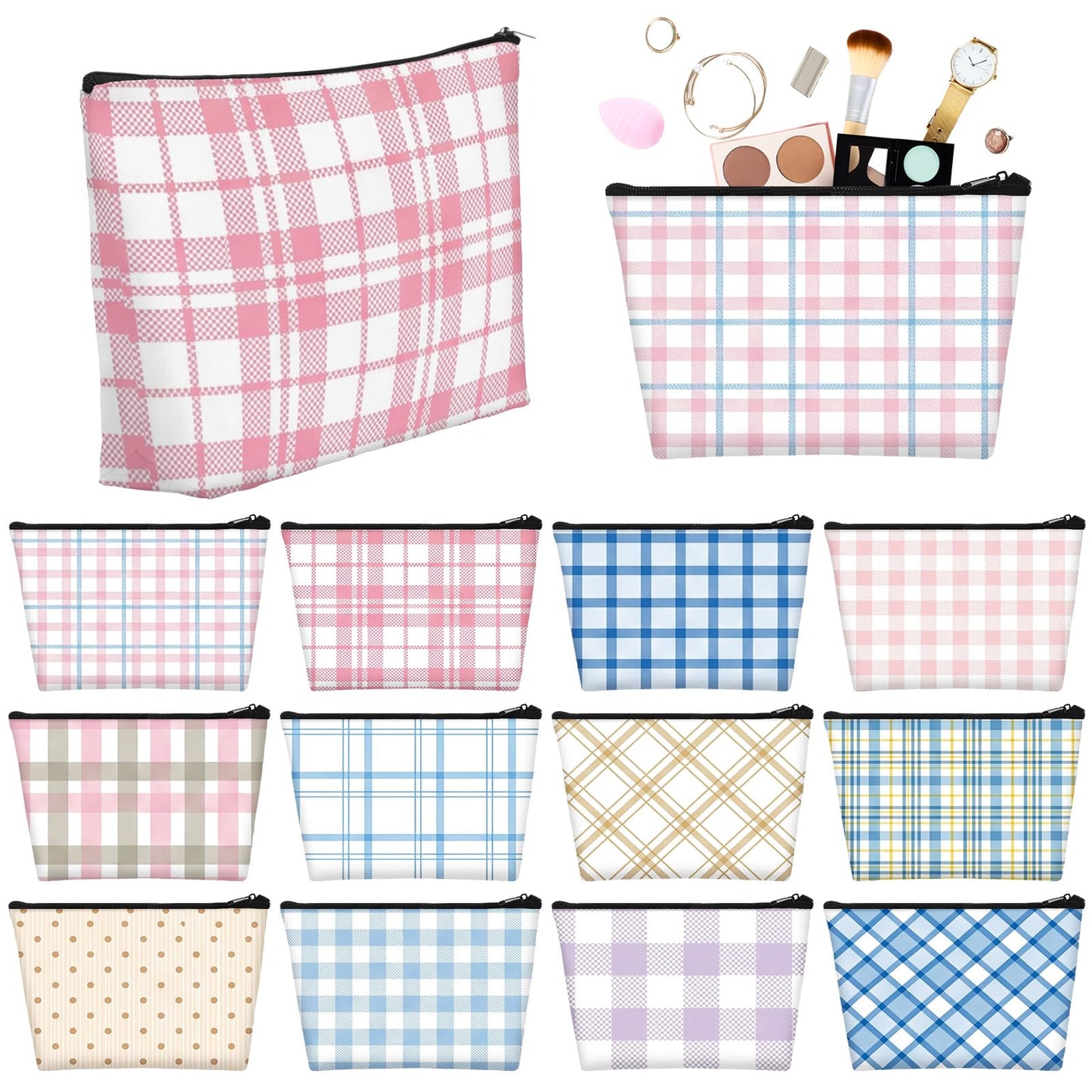 Sweetude 12 Pcs Pastel Plaid Makeup Bag Bulk Buffalo Plaid Portable Travel Cosmetic Bag with Zipper Preppy Checkered Waterproof Roomy Travel Toiletry Organizer Storage Beauty Pouch for Women Gifts