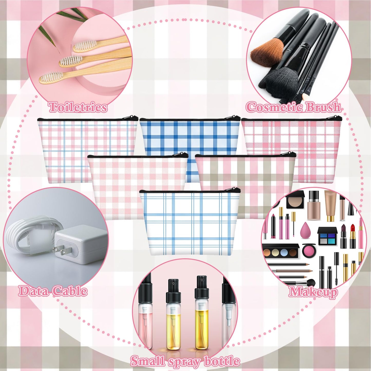 Sweetude 12 Pcs Pastel Plaid Makeup Bag Bulk Buffalo Plaid Portable Travel Cosmetic Bag with Zipper Preppy Checkered Waterproof Roomy Travel Toiletry Organizer Storage Beauty Pouch for Women Gifts