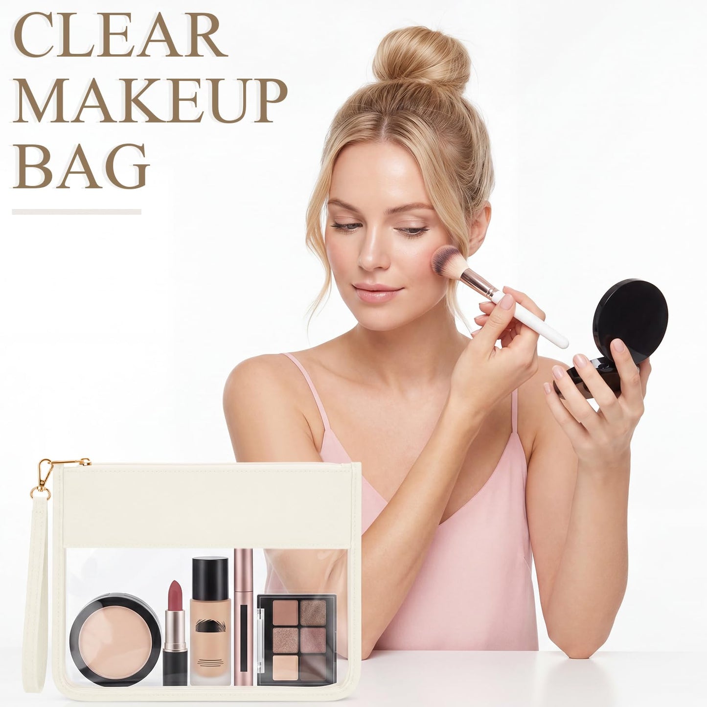 Sweetude 24 Pcs Clear Makeup Bags with Wristlet Pouch DIY Chenille Letter Bag Bulk Waterproof Toiletry Flat Preppy Nylon Clear Zipper Pouches Snack Organizer for Women (Cream White)