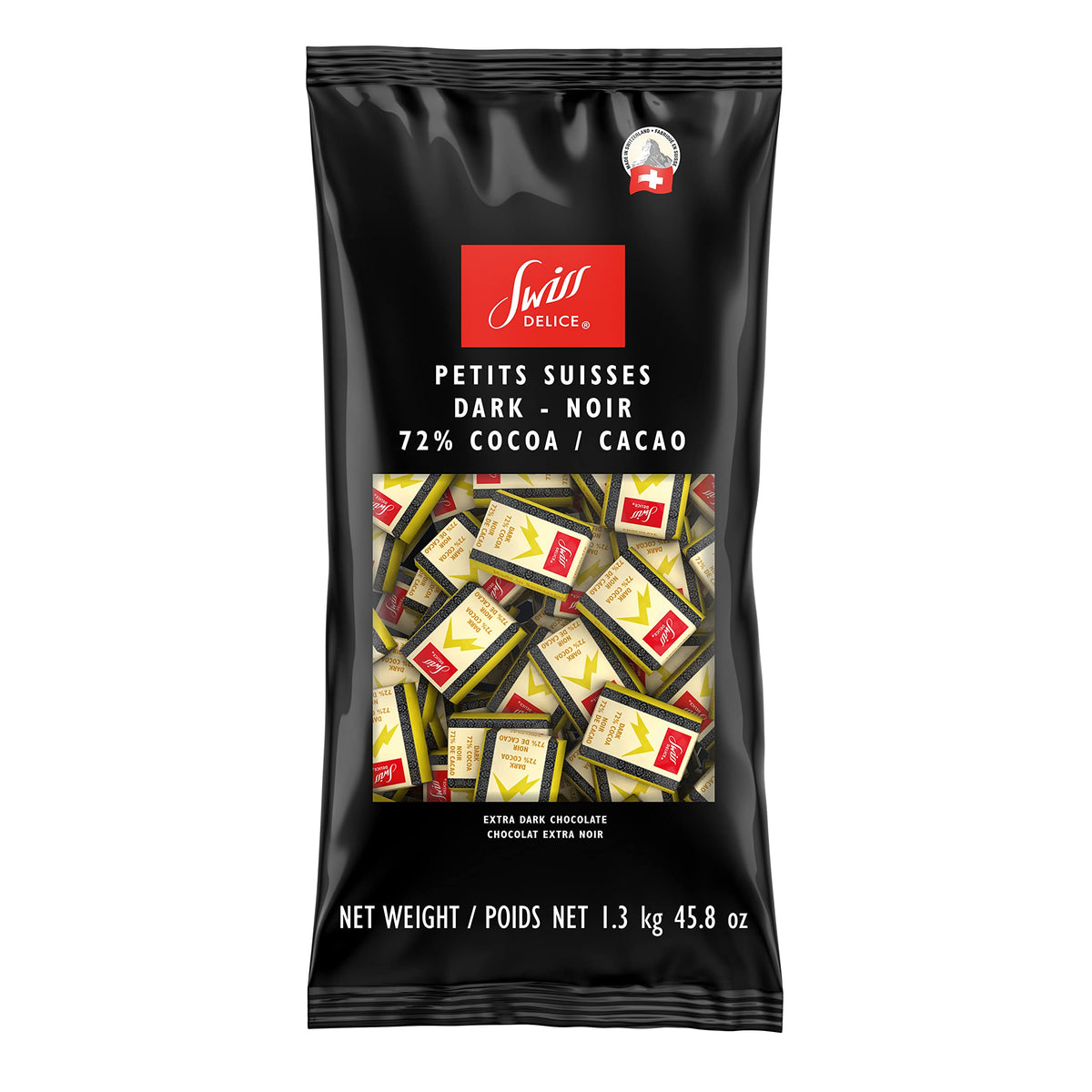 Swiss Delice Dark Chocolate Squares – 72% Cacao, Individually Wrapped, 2.87 lb Bulk