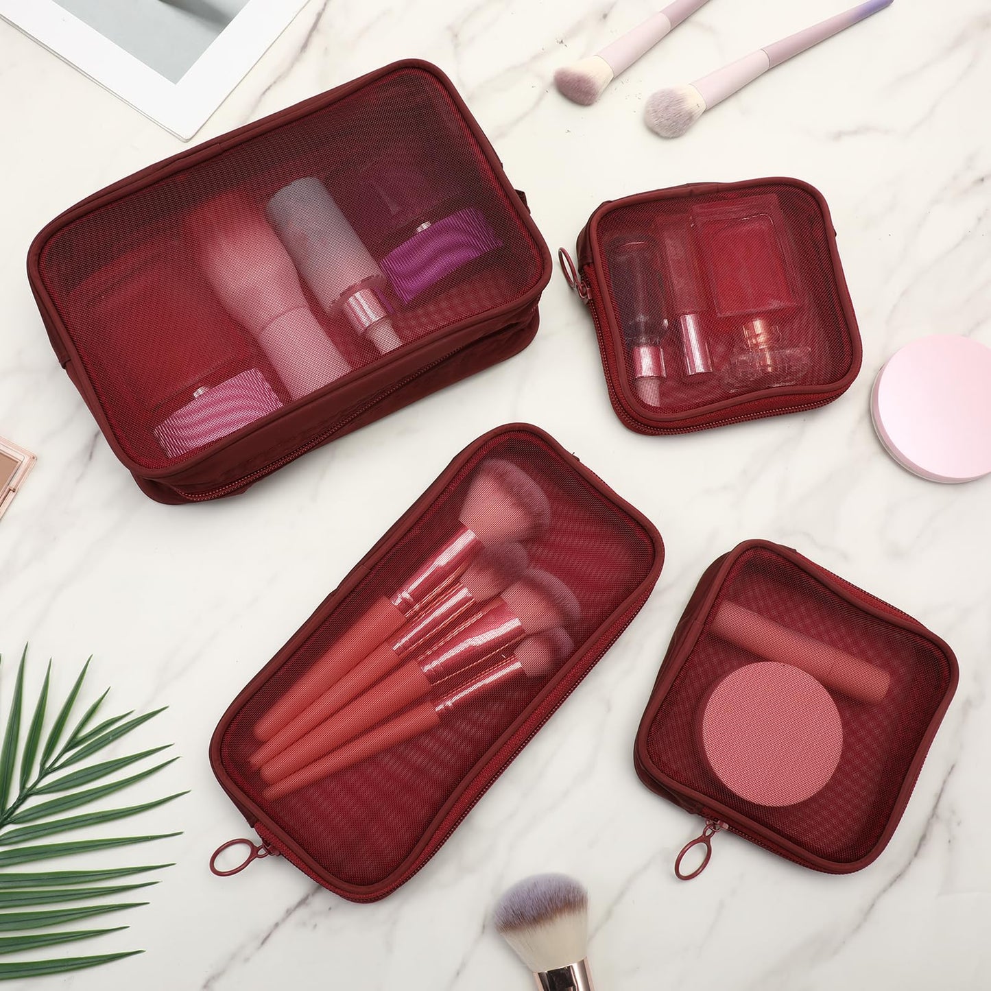 SynHHergyx 4 Pcs Purse Organizer Pouches Red Mesh Makeup Bag Cosmetic Bag