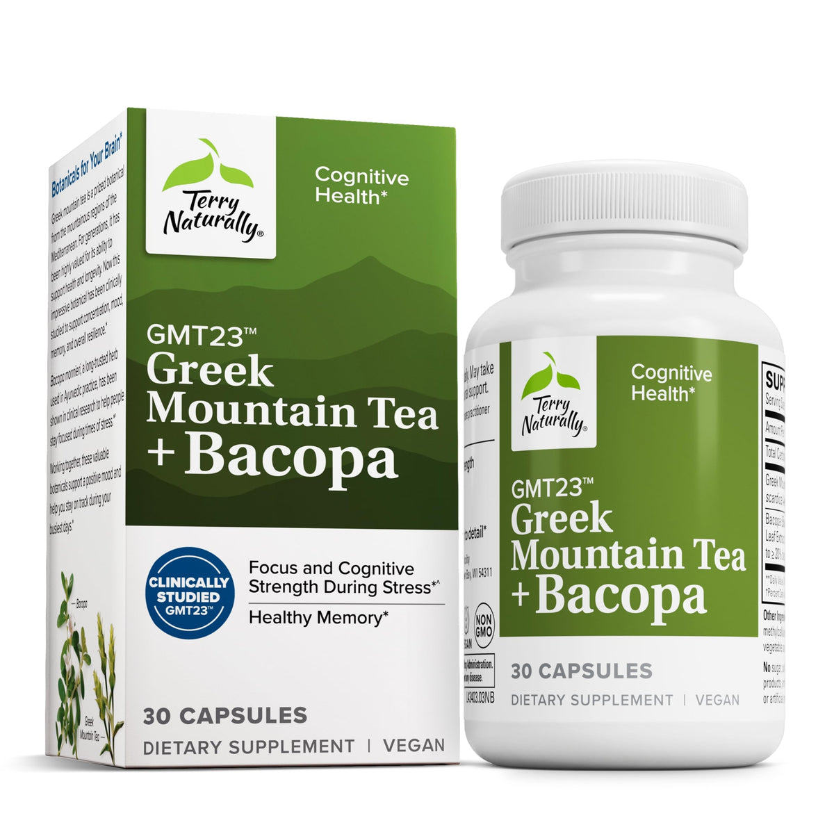 Terry Naturally GMT23 Greek Mountain Tea Plus Bacopa — Focus & Brain Health Supplement, 30 Capsules