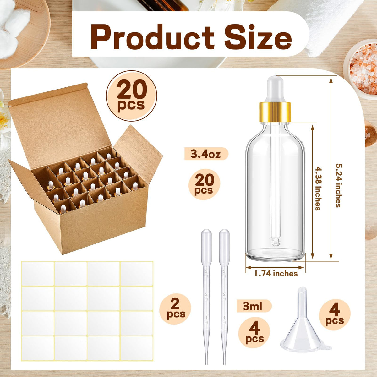 Tessco for you 20 Pack 3.4 oz Glass Dropper Bottles, 100 ml Glass Tincture Bottles with Eye Droppers with Funnel, Labels & Pipette for Essential Oil, Health, Personal Care & Beauty (Clear Gold)