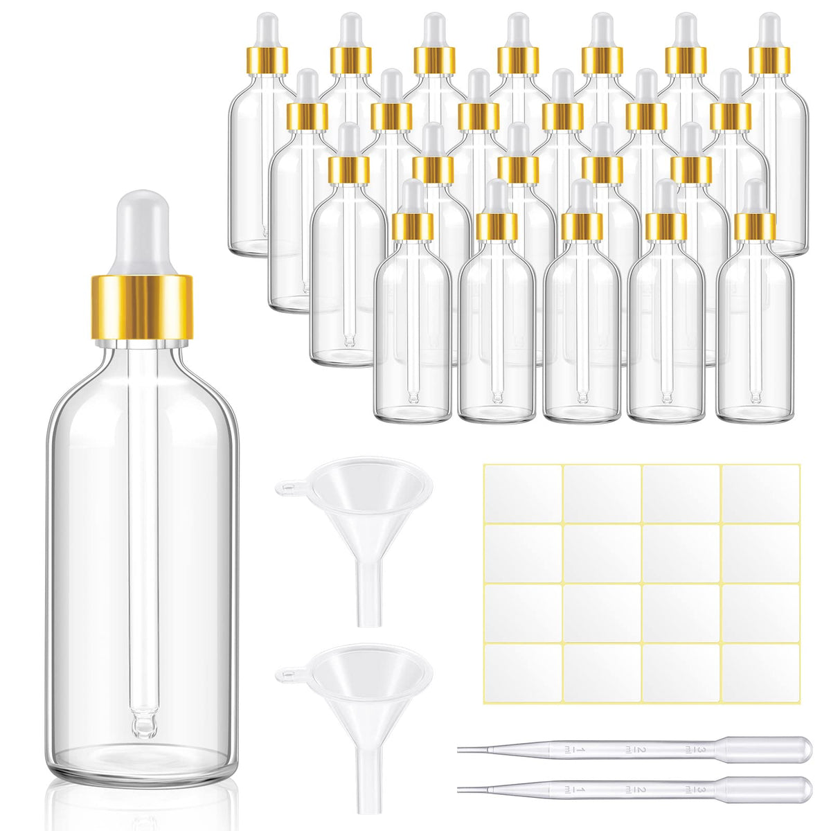 Tessco for you 20 Pack 3.4 oz Glass Dropper Bottles, 100 ml Glass Tincture Bottles with Eye Droppers with Funnel, Labels & Pipette for Essential Oil, Health, Personal Care & Beauty (Clear Gold)