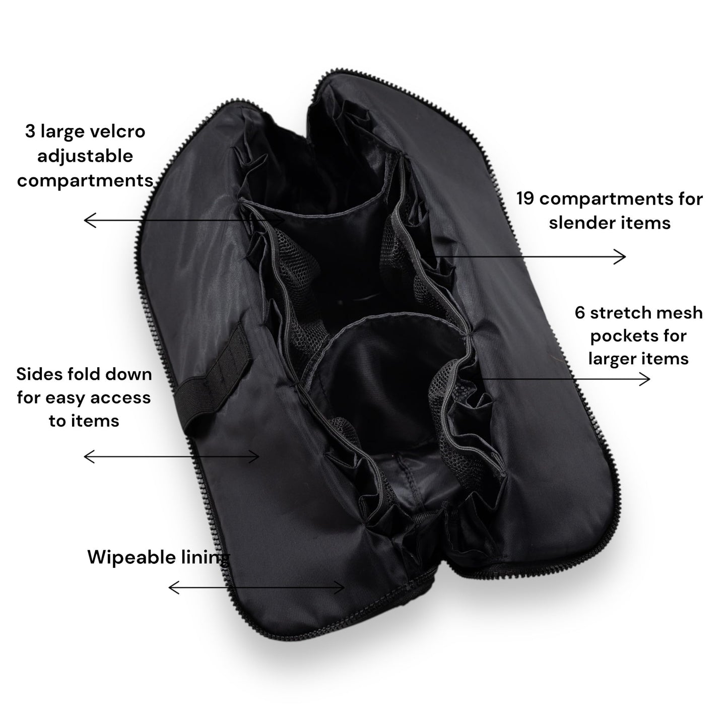THE VERTI-Vertical Waterproof Makeup & Toiletry Bag | 23-Pocket Organizer with Upright, Fold-Down Design for Skincare, Toiletries & Essentials (Onyx)