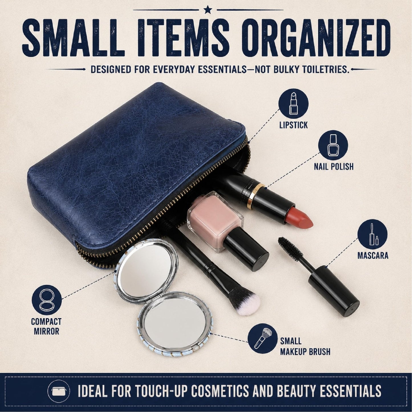 TheAntiq Full Grain Leather Cosmetic Bag – Zippered Makeup Pouch for Women, Small Travel Toiletry & Organizer Pouch for Purse, Premium Handmade Leather (5 × 4 × 2.5 in)