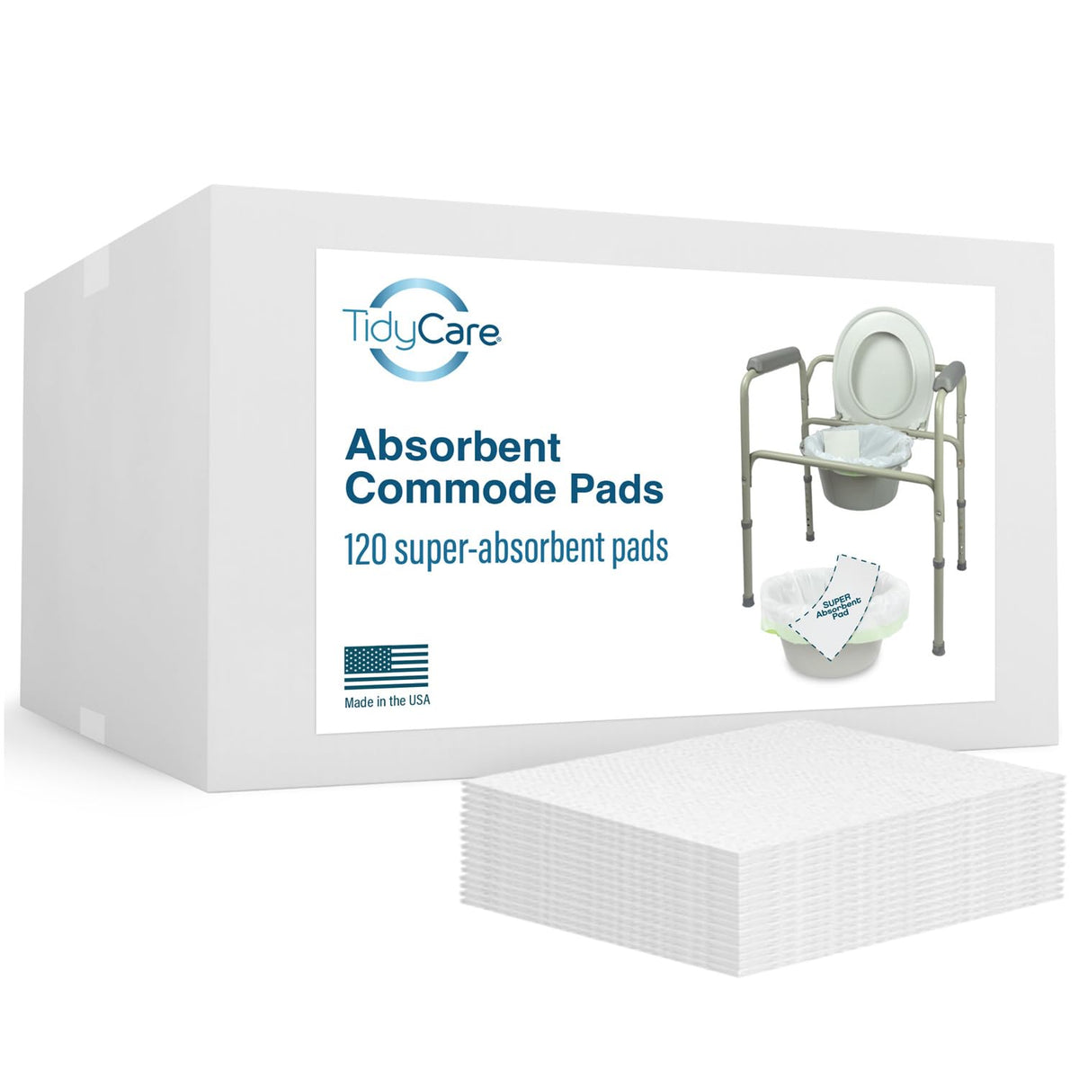 TidyCare Disposable Bedside Commode Pads for Adult Portable Toilet Chair Bucket and Bedpan | Value Pack of 120 Commode Pads | Universal Fit Absorbent Pads for Home Medical Care