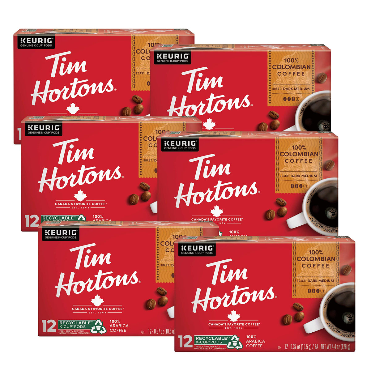 Tim Hortons 100% Colombian Medium-Dark Roast K-Cup Pods — Keurig Compatible, 72-Count (Pack of 6)