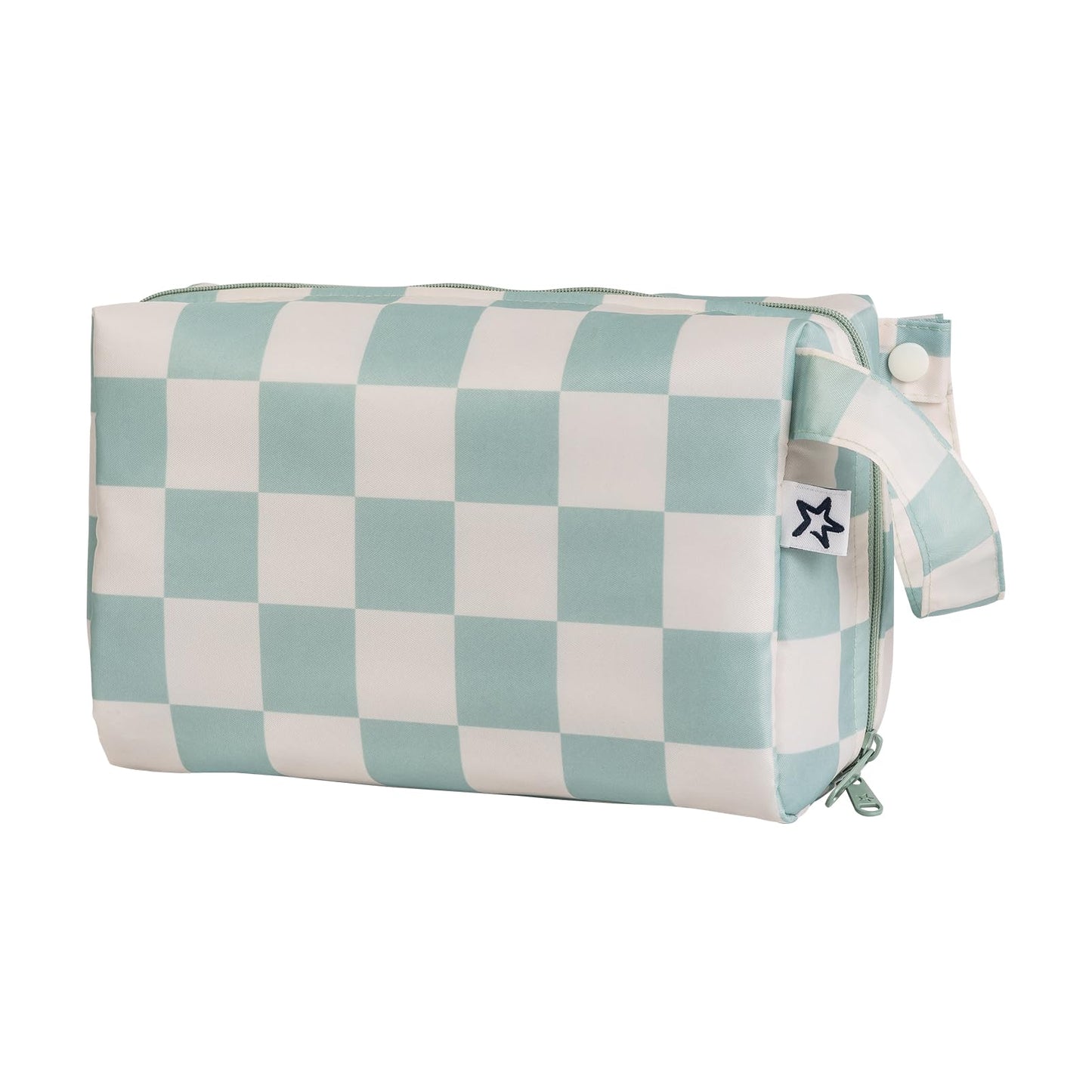 Tiny Twinkle Waterproof Travel Toiletry & Makeup Bag Organizer | Makeup Pouch with Multiple Compartments & Snap Handle for Travel | Gift for Women（Sage Checkers