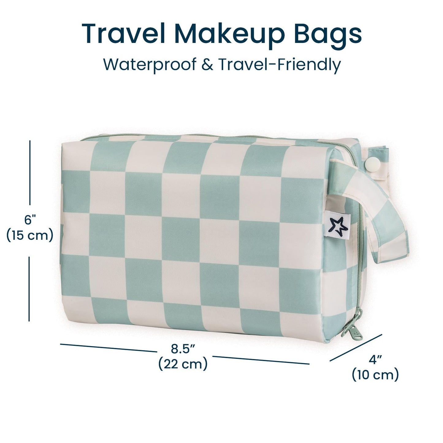 Tiny Twinkle Waterproof Travel Toiletry & Makeup Bag Organizer | Makeup Pouch with Multiple Compartments & Snap Handle for Travel | Gift for Women（Sage Checkers