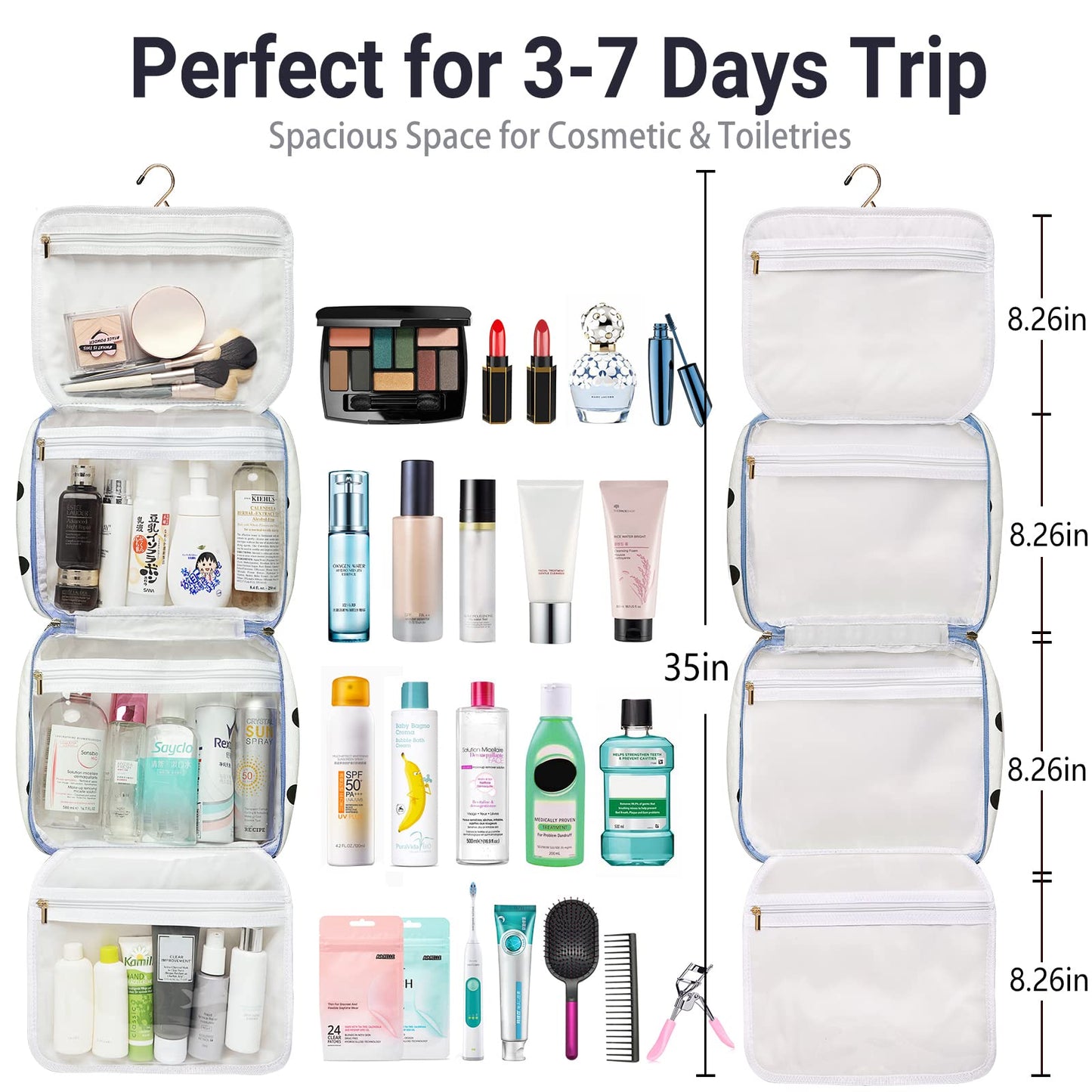 Toiletry bag for Women Hanging Travel Toiletry Bag for Toiletries Polka Dots Pattern Toilery Organizer with Hanging Hook Ideal for Full Sized Toiletries and Cosmetics