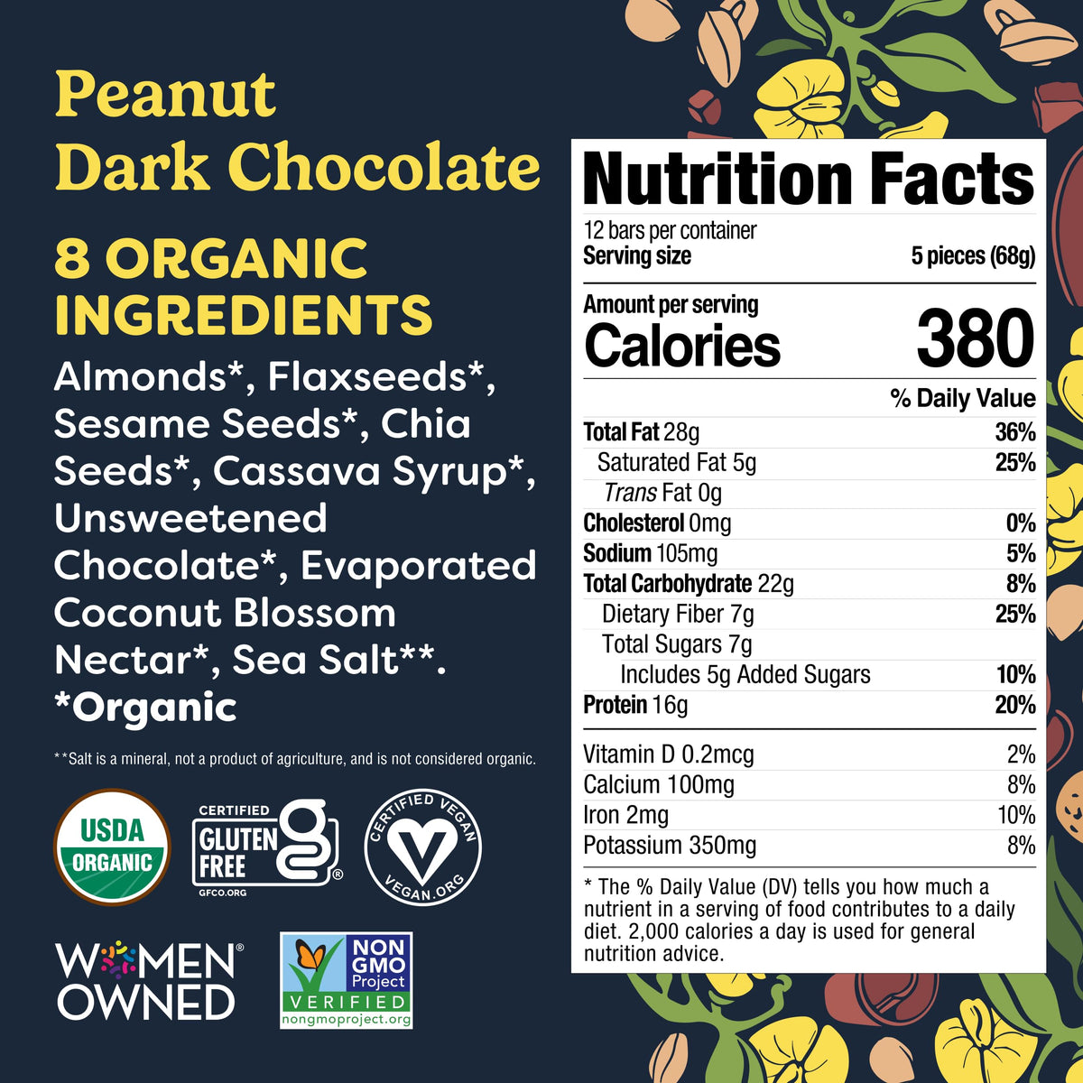 Tosi Meal Nut Bars - Peanut Dark Chocolate | 16g Plant-Based Protein, Vegan, Gluten & Soy Free, Low Sugar, 2.4oz, 12-Pack