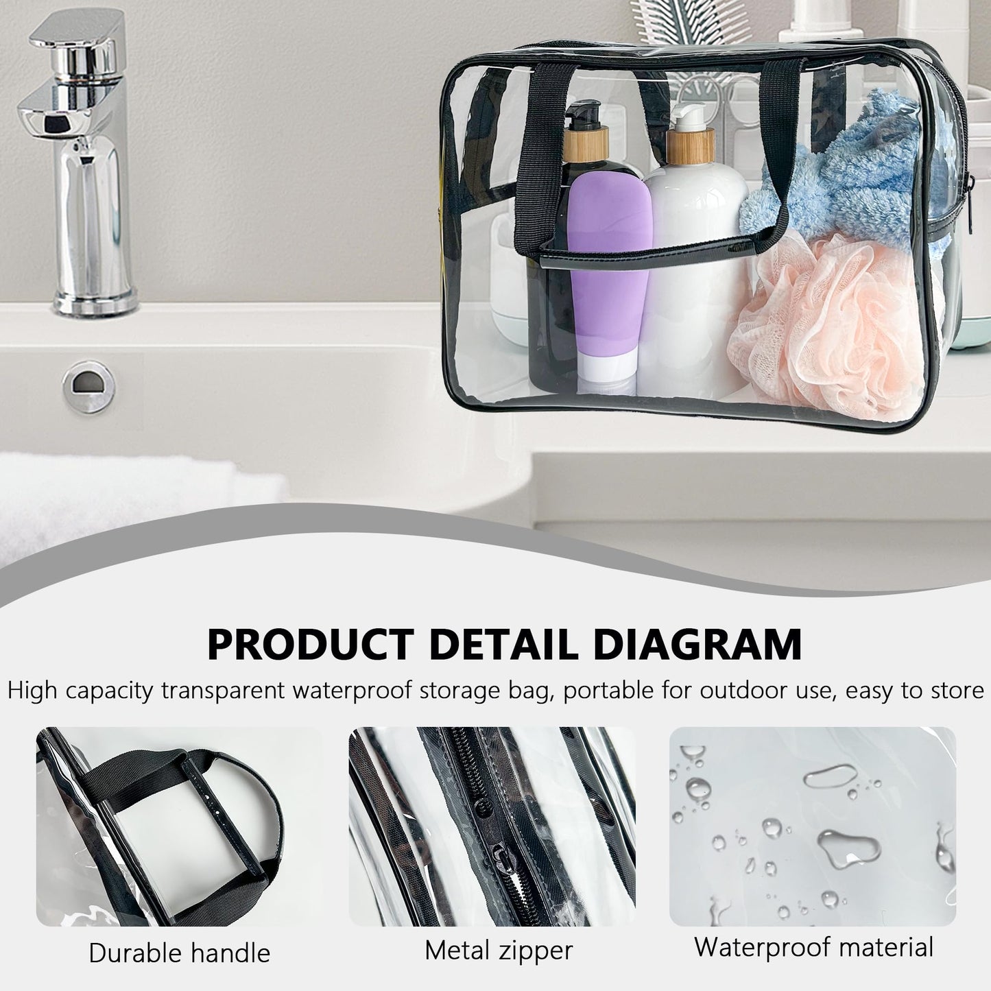 TotePrint PVC Clear Pure Color Transparent Large Zipper Cosmetic Pouch Travel Makeup Cosmetic Bag with Handle for Travel Bathroom Toiletry Organizer (Clear+Black Handle)