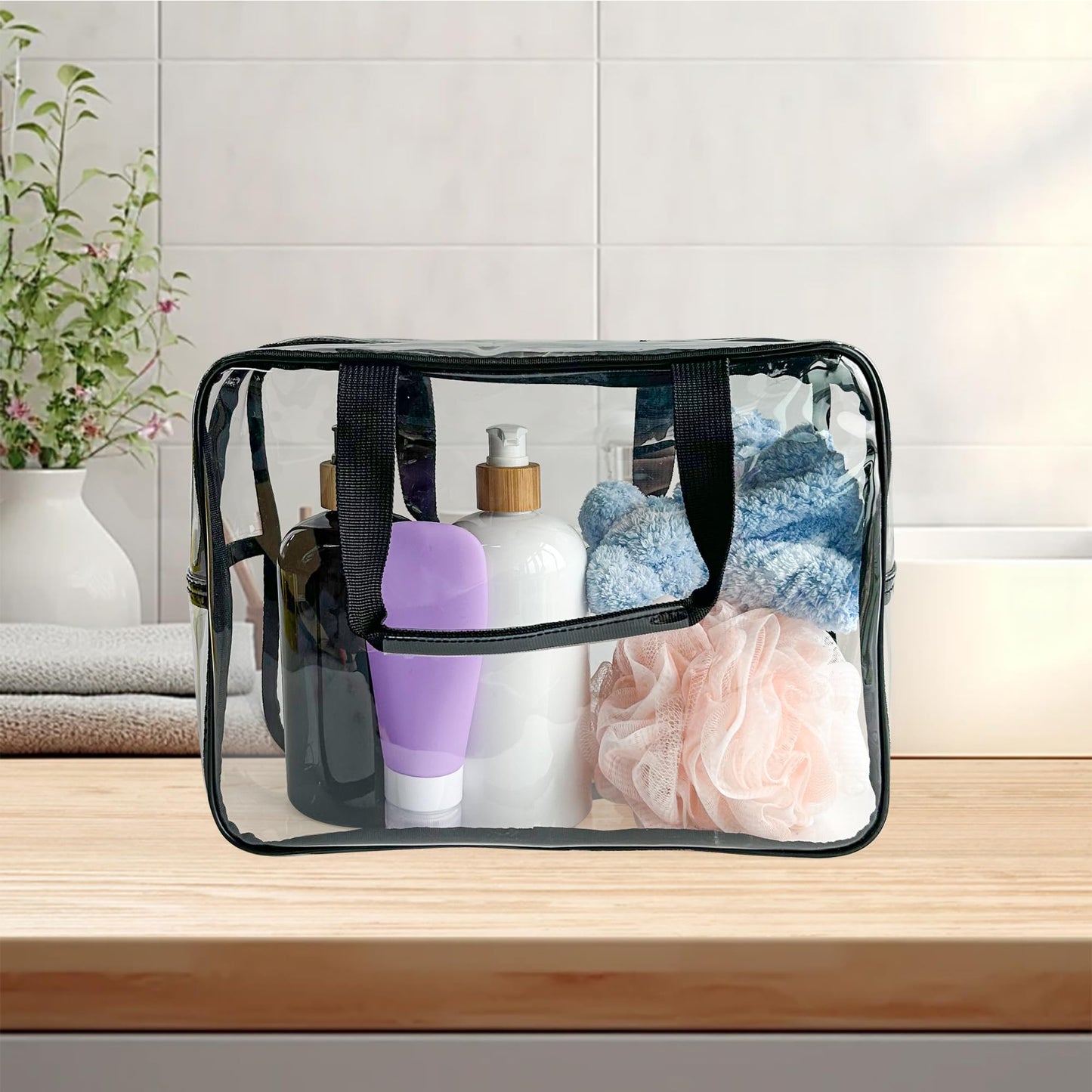 TotePrint PVC Clear Pure Color Transparent Large Zipper Cosmetic Pouch Travel Makeup Cosmetic Bag with Handle for Travel Bathroom Toiletry Organizer (Clear+Black Handle)