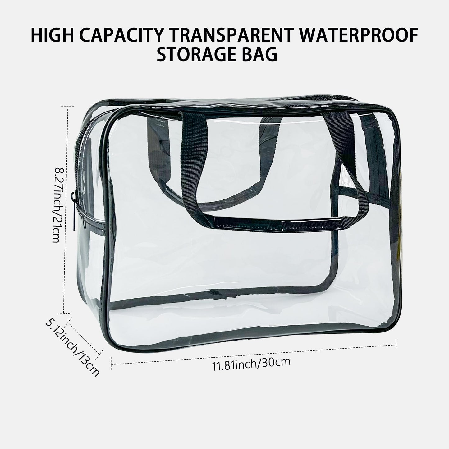 TotePrint PVC Clear Pure Color Transparent Large Zipper Cosmetic Pouch Travel Makeup Cosmetic Bag with Handle for Travel Bathroom Toiletry Organizer (Clear+Black Handle)