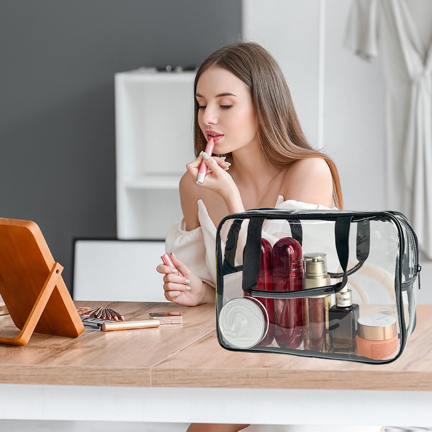 TotePrint PVC Clear Pure Color Transparent Large Zipper Cosmetic Pouch Travel Makeup Cosmetic Bag with Handle for Travel Bathroom Toiletry Organizer (Clear+Black Handle)