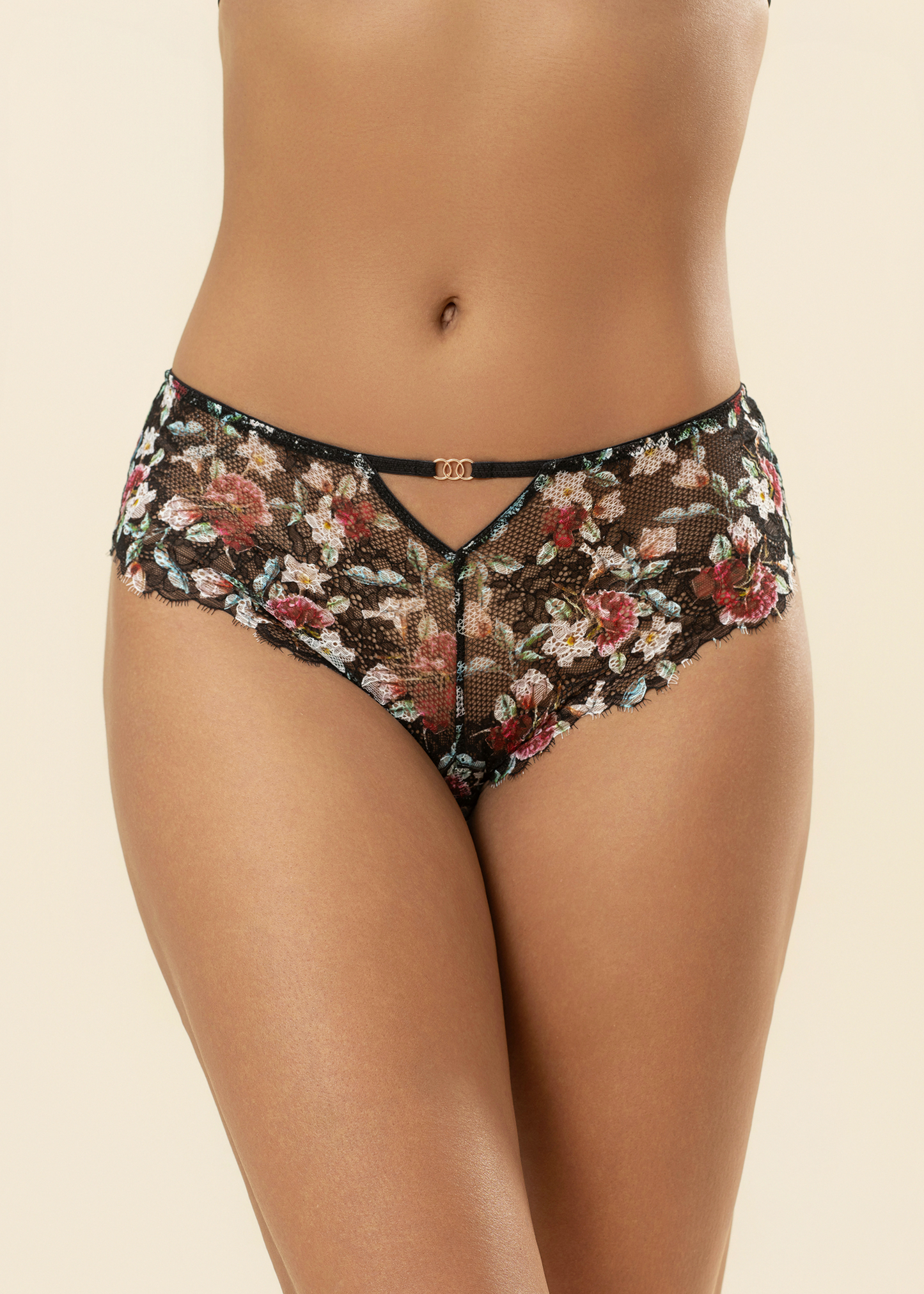 TOVE Black Lace Boyshort Panties With Vibrant Flowers