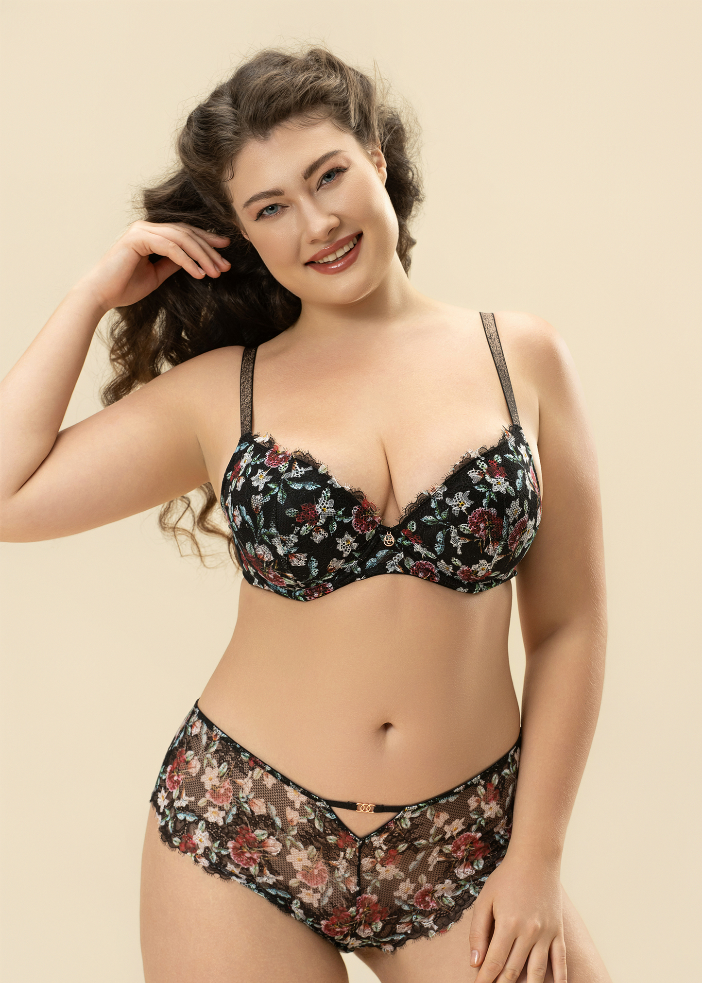 TOVE Floral Print Black Lace Plus Bra & Panty Set