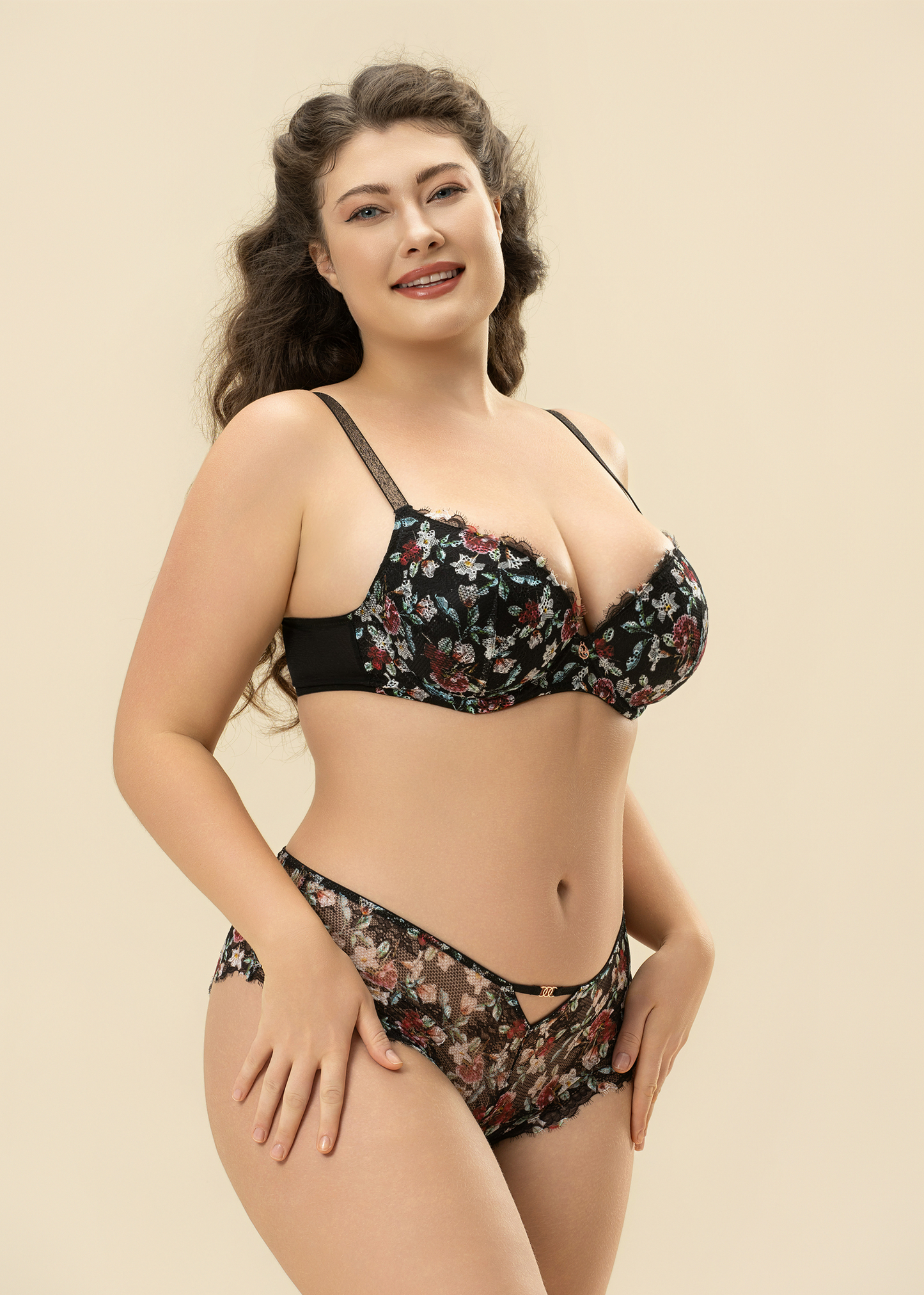 TOVE Plus Floral Print Black Lace Lingerie Set