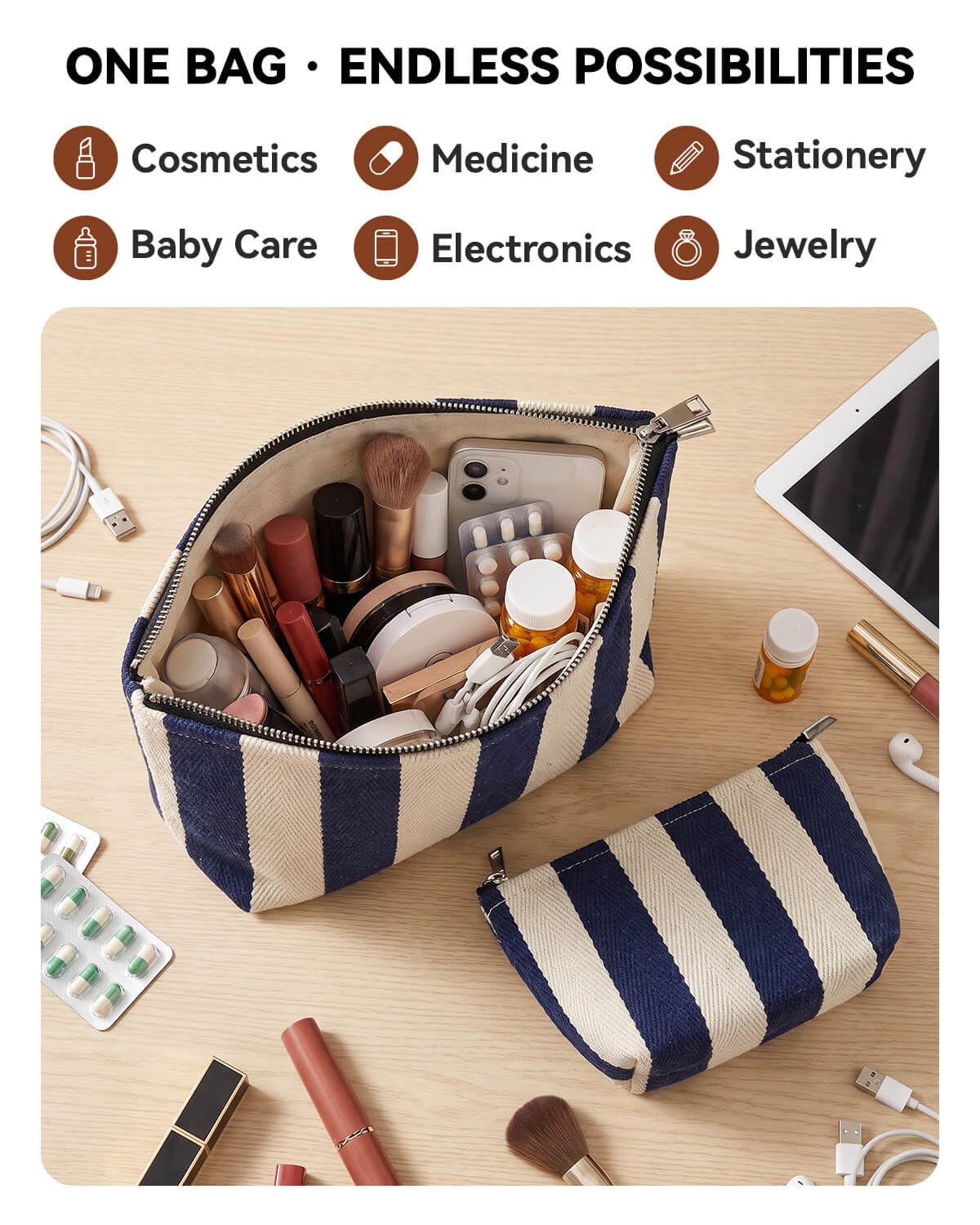 Travel Makeup Bag Set of 2, Preppy Jacquard Pouches for Purse , Navy Blue Striped Makeup Pouch with Smooth Zipper Soft Lining, for Cosmetic Car Organizer, Daily, Gifts, Portable Large & Small Toiletry