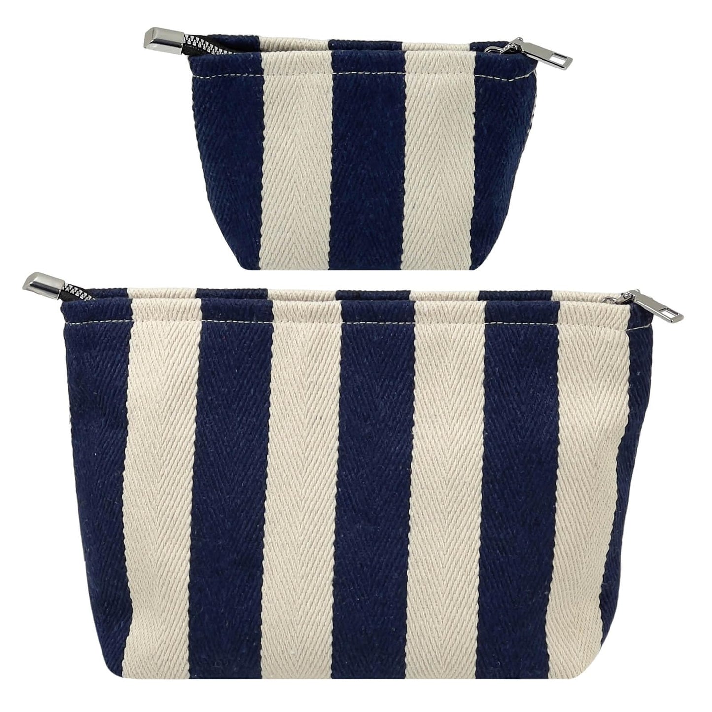 Travel Makeup Bag Set of 2, Preppy Jacquard Pouches for Purse , Navy Blue Striped Makeup Pouch with Smooth Zipper Soft Lining, for Cosmetic Car Organizer, Daily, Gifts, Portable Large & Small Toiletry