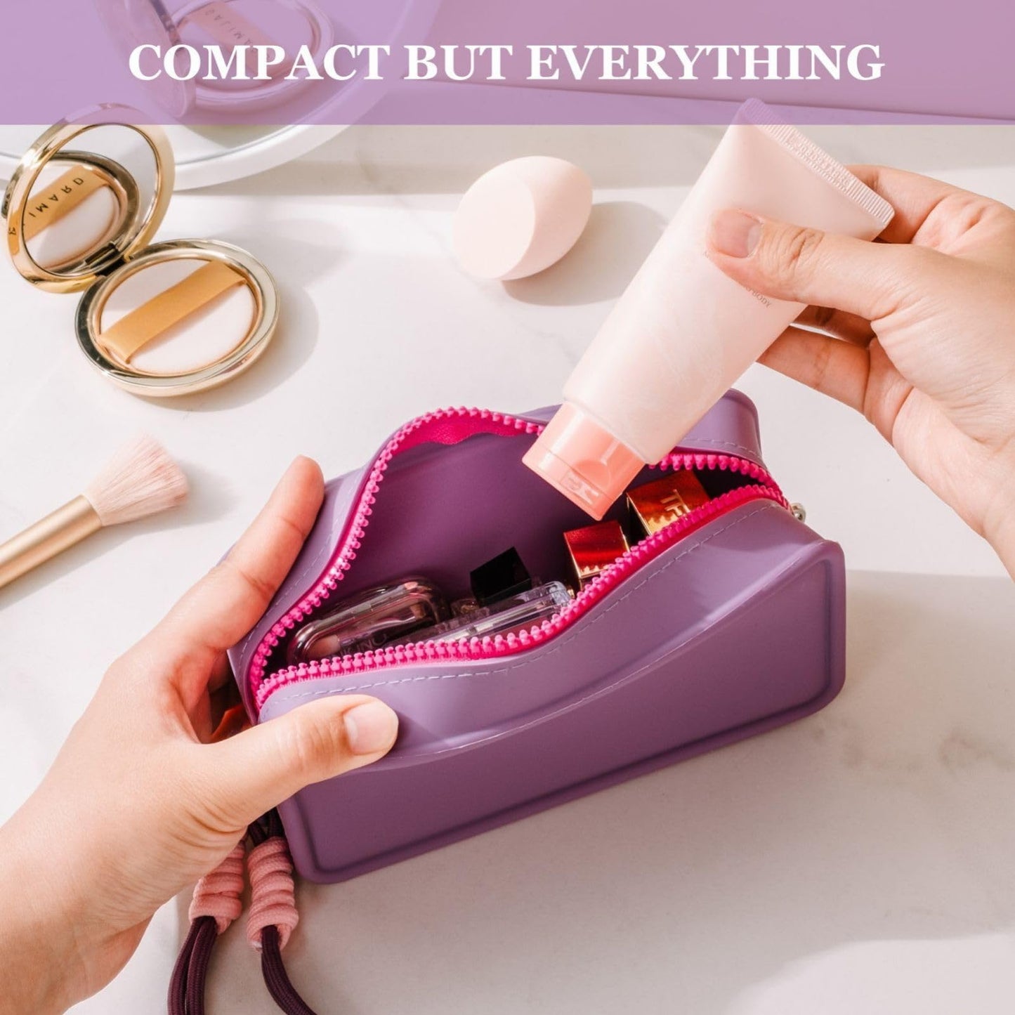 Travistar Silicone Travel Makeup Bag - Large Capacity Make Up Pouch Travel Makeup Organizer Bag Waterproof Toiletry Bag Portable Cosmetic Bag Small Womens Brush Holder Bag with Zipper Closure Purple