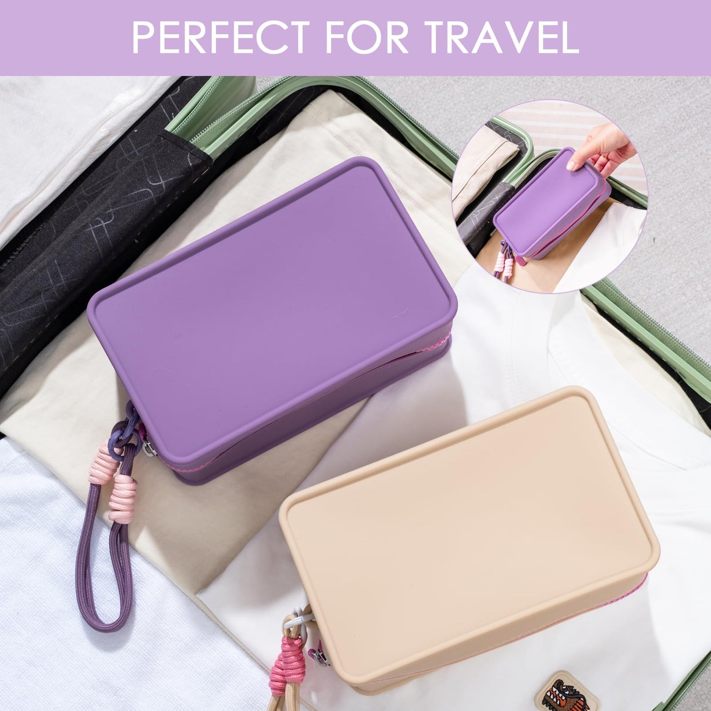 Travistar Silicone Travel Makeup Bag - Large Capacity Make Up Pouch Travel Makeup Organizer Bag Waterproof Toiletry Bag Portable Cosmetic Bag Small Womens Brush Holder Bag with Zipper Closure Purple