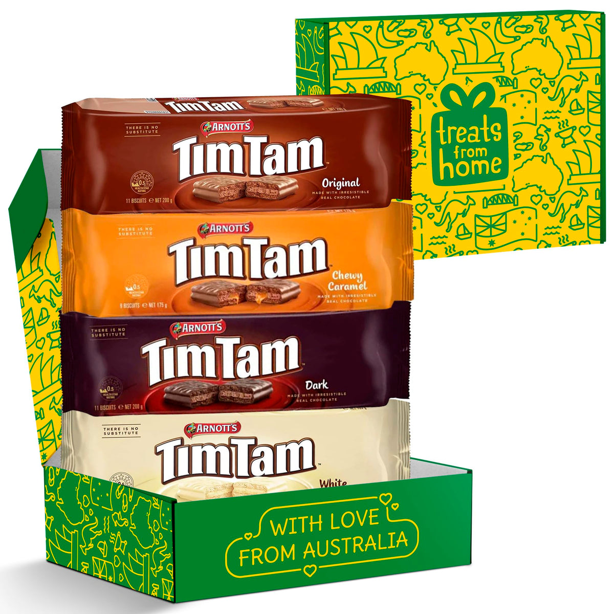 Tim Tam Cookies Gift Box – 4-Pack Australian Treats with Original, Double Chocolate & Salted Caramel Flavors | Treats from Home