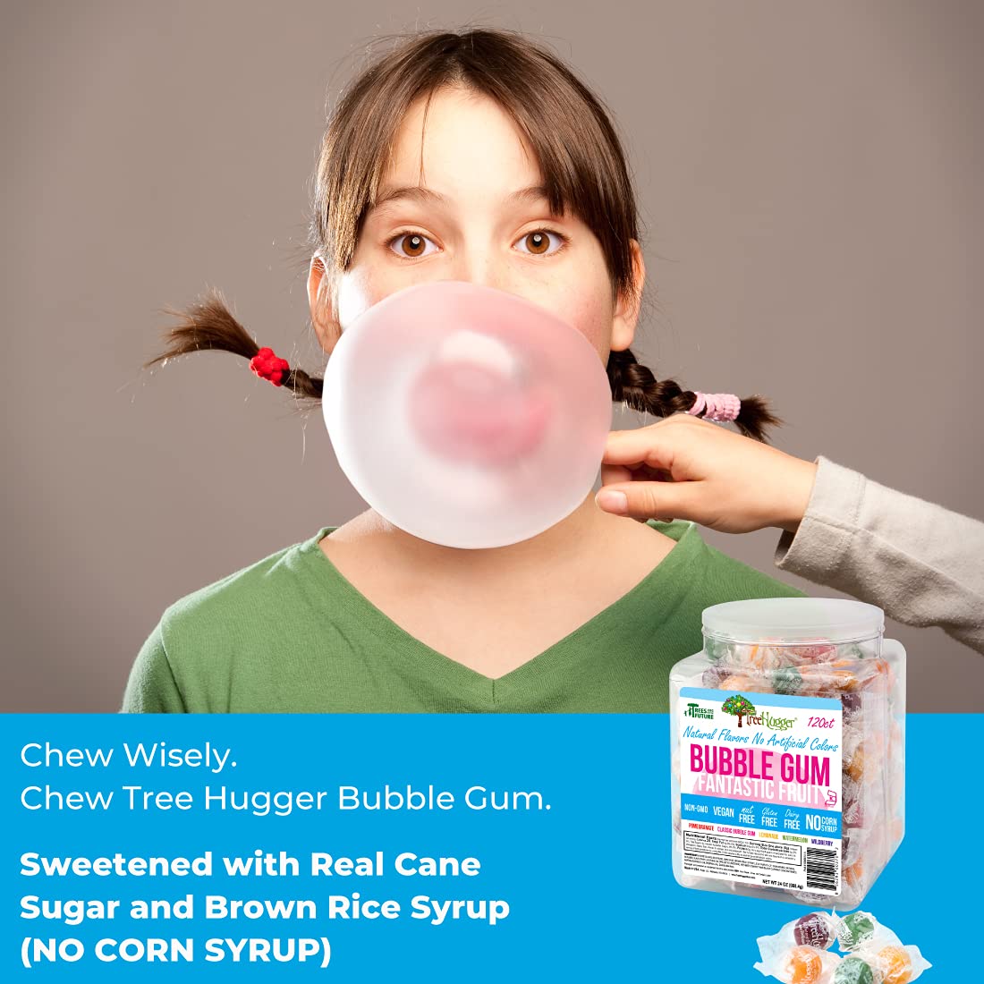 Tree Hugger Bubble Gum - Fantastic Fruit, Natural Flavors, No Artificial Colors, 120 Count Tub