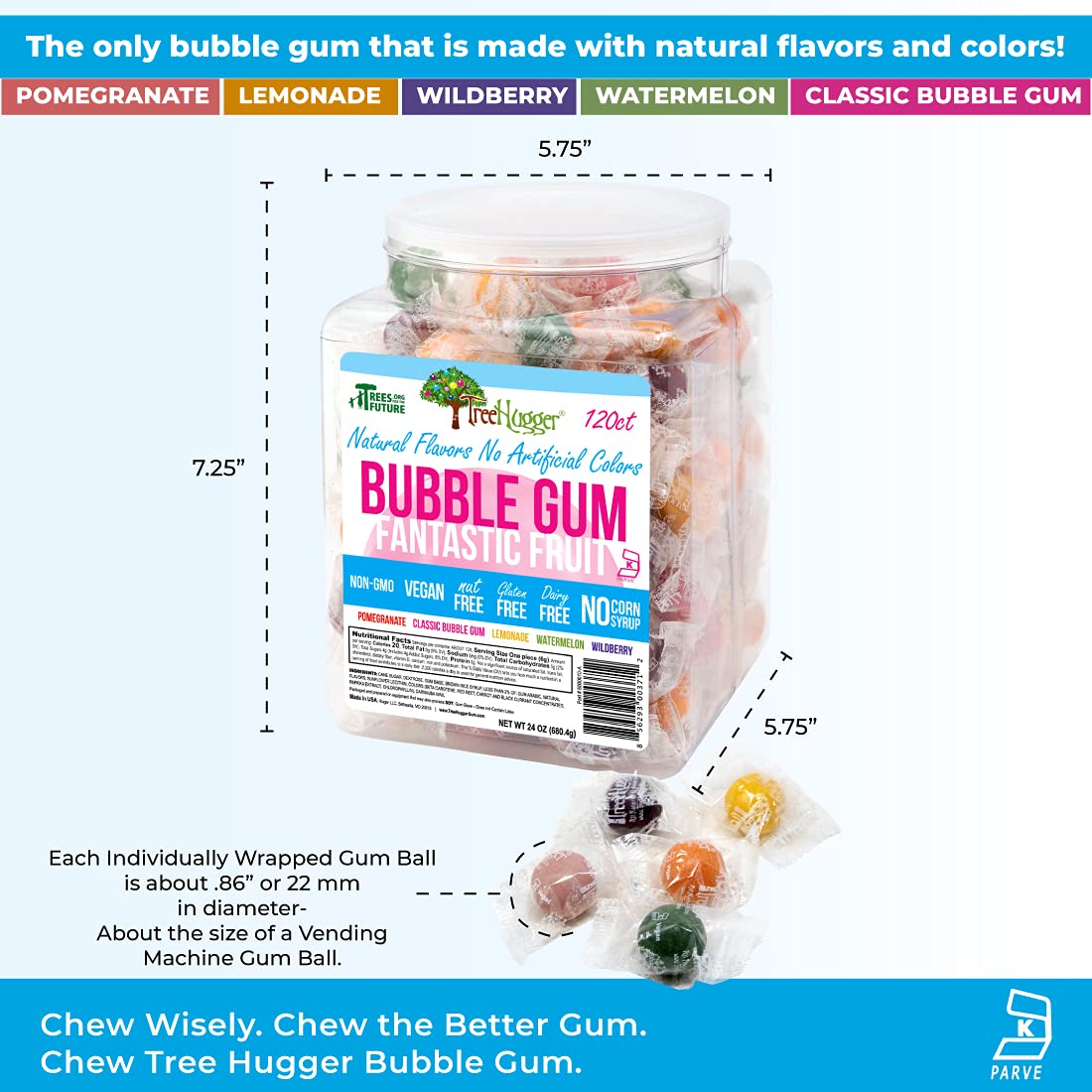Tree Hugger Bubble Gum - Fantastic Fruit, Natural Flavors, No Artificial Colors, 120 Count Tub