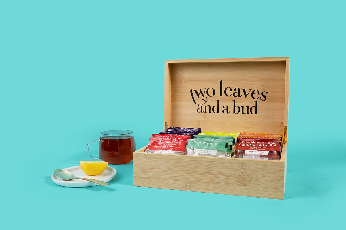 Two Leaves and a Bud Organic Tea Sampler – 6-Slot Bamboo Gift Box (Green, Black & Herbal Teas)
