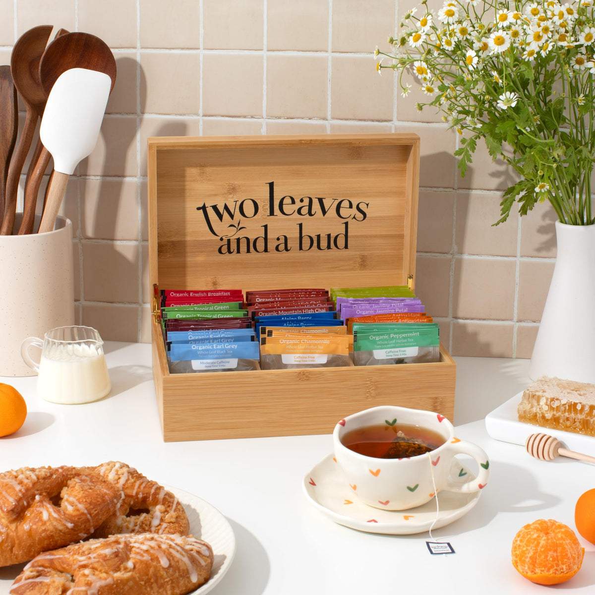 Two Leaves and a Bud Organic Tea Sampler – 6-Slot Bamboo Gift Box (Green, Black & Herbal Teas)