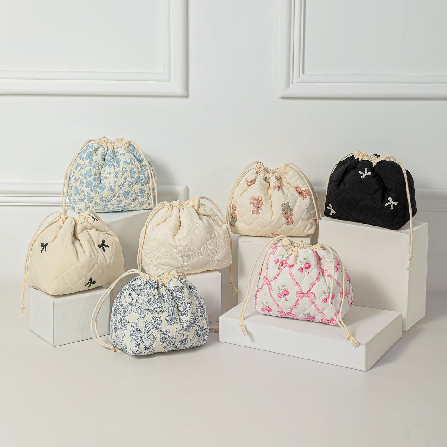 uekeboag Cotton Quilted Drawstring Makeup Bag (04White Bear)