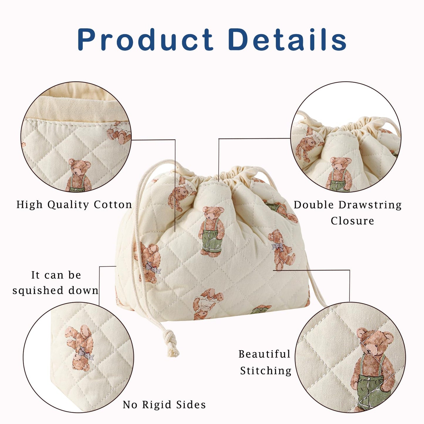 uekeboag Cotton Quilted Drawstring Makeup Bag (04White Bear)