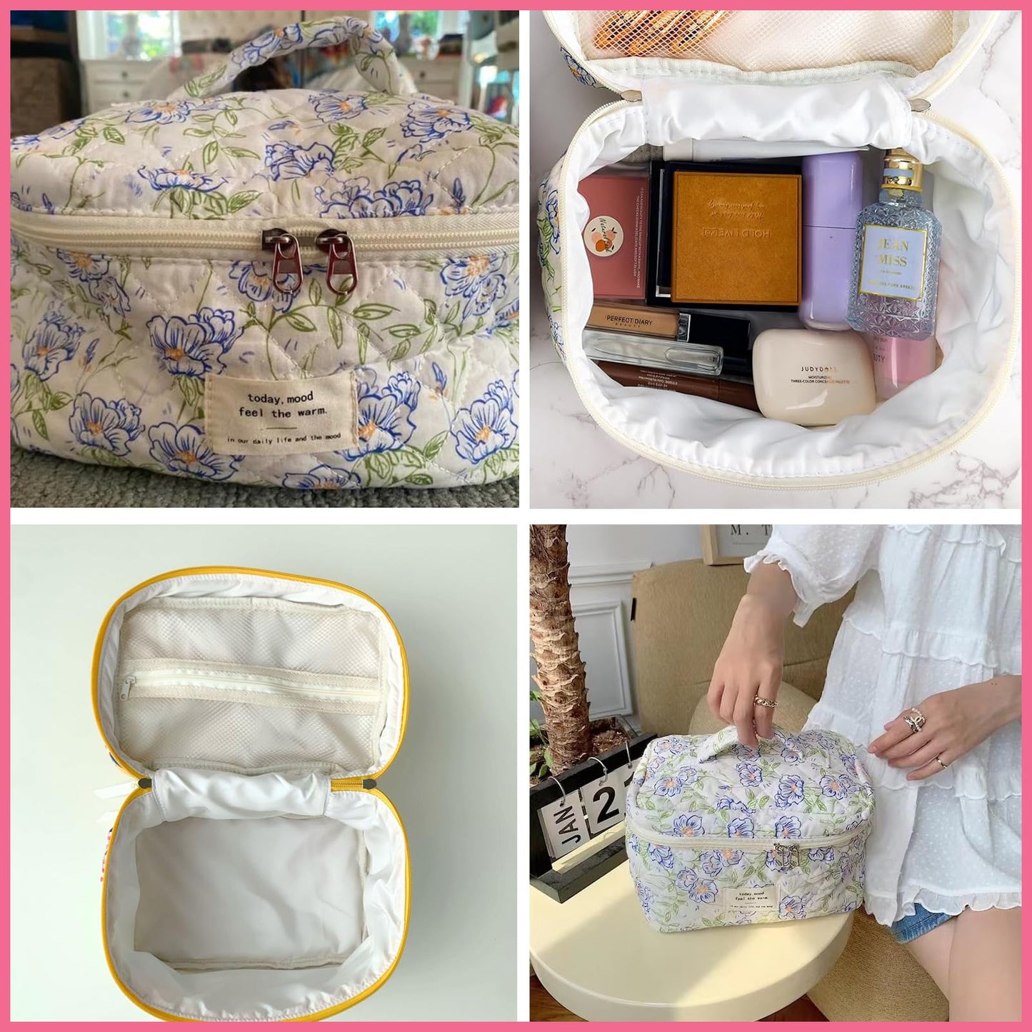 uekeboag Large Travel Quilted Makeup Bag for Women (01Lithtblue-flower)