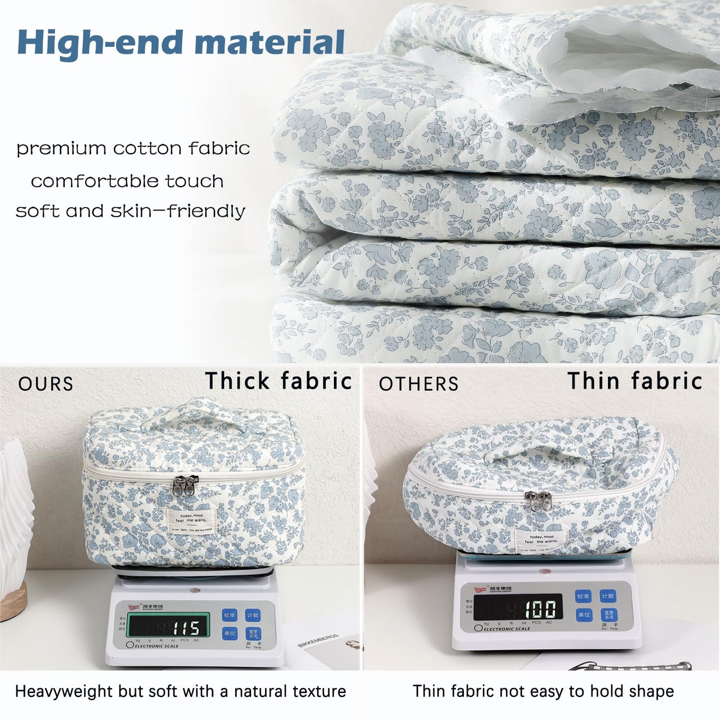 uekeboag Large Travel Quilted Makeup Bag for Women (01Lithtblue-flower)