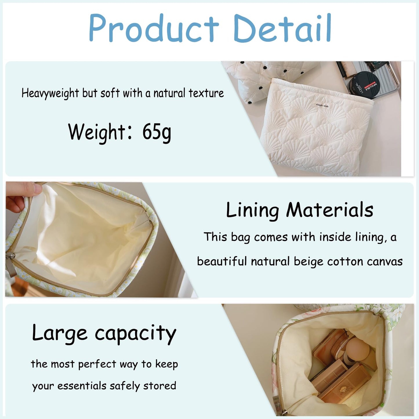 uekeboag White Shells Quilted Cotton Makeup Bag,Coquette Travel Pouch
